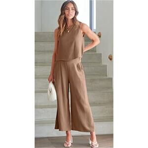 Anrabess 2 Piece Set Tank Crop Button Back Top Cropped Wide Leg Pants Khaki sz S